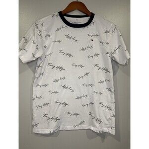 Tommy Hilfiger Denim T-Shirt Boys Size XL 20 White Gray All Over Logo Print
